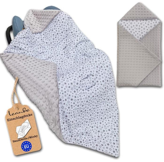 Einschlagdecke Babydecke 86x86 cm – Baumwolle & Minky Grau / Sterne