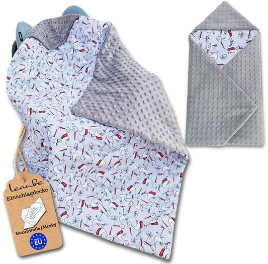 Einschlagdecke Babydecke 86x86 cm – Baumwolle & Minky Grau / Störche
