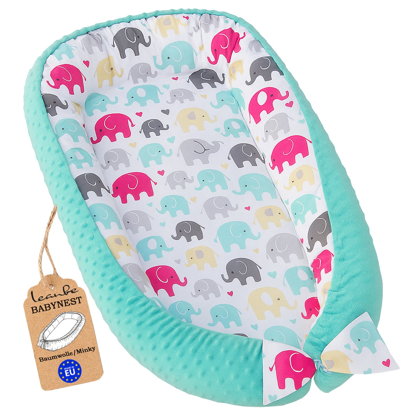 LEANBE Babynest Kokon aus Baumwolle & Minky -Türkis Minky / Bunte Elefanten