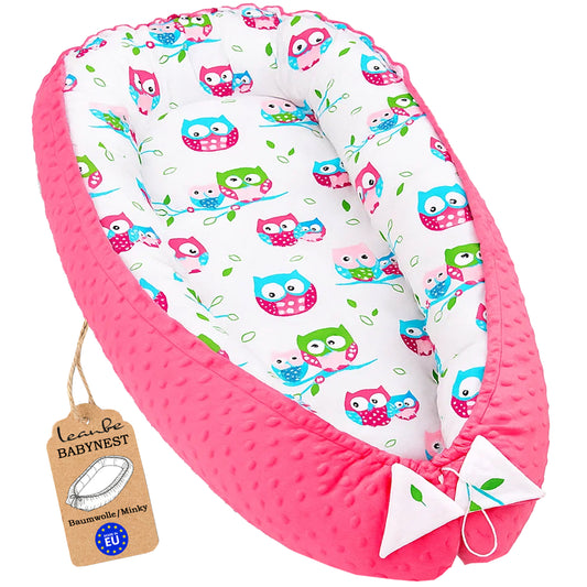 Babynest Kokon aus Baumwolle & Minky - Rosa Minky / Bunte Eulen