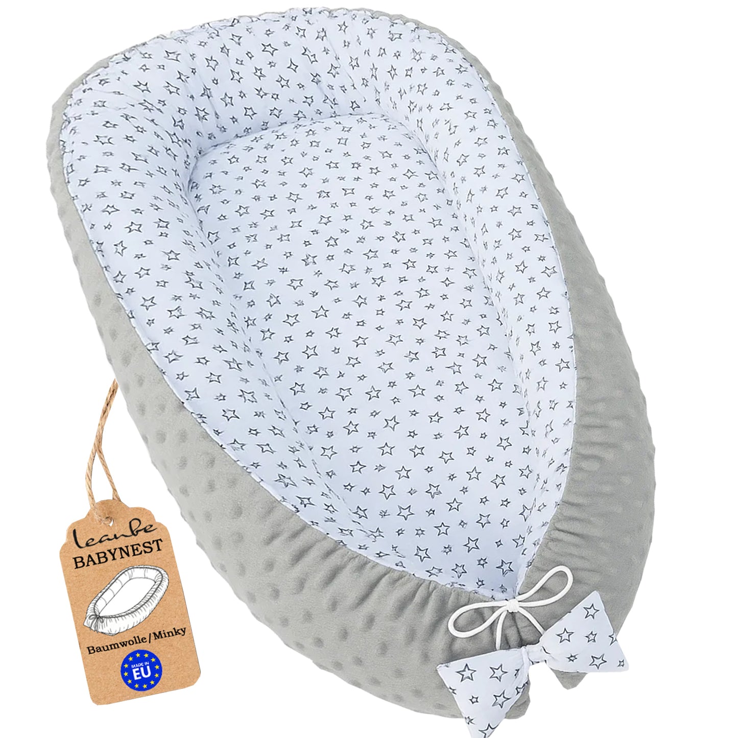 Babynest Kokon aus Baumwolle & Minky - Grau Minky / Sterne