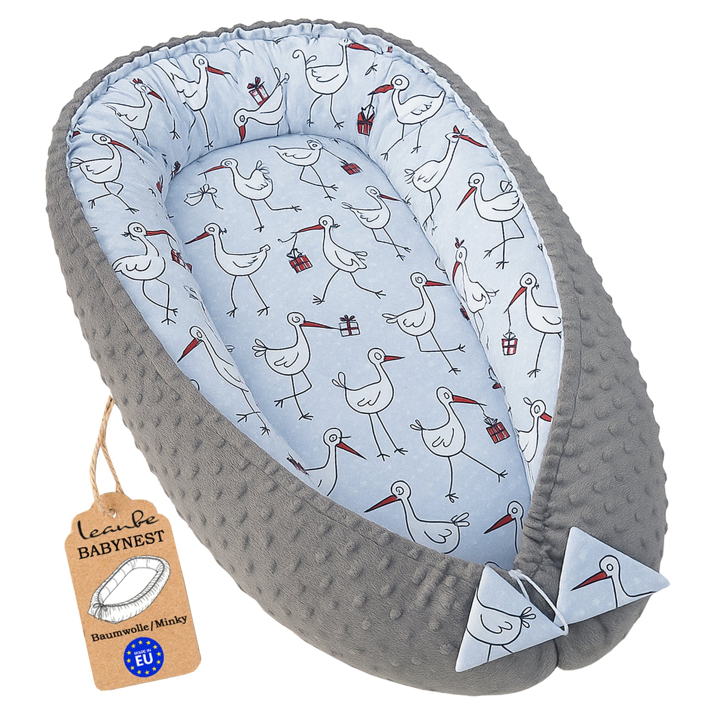 Babynest Kokon aus Baumwolle & Minky - Grau Minky / Störche
