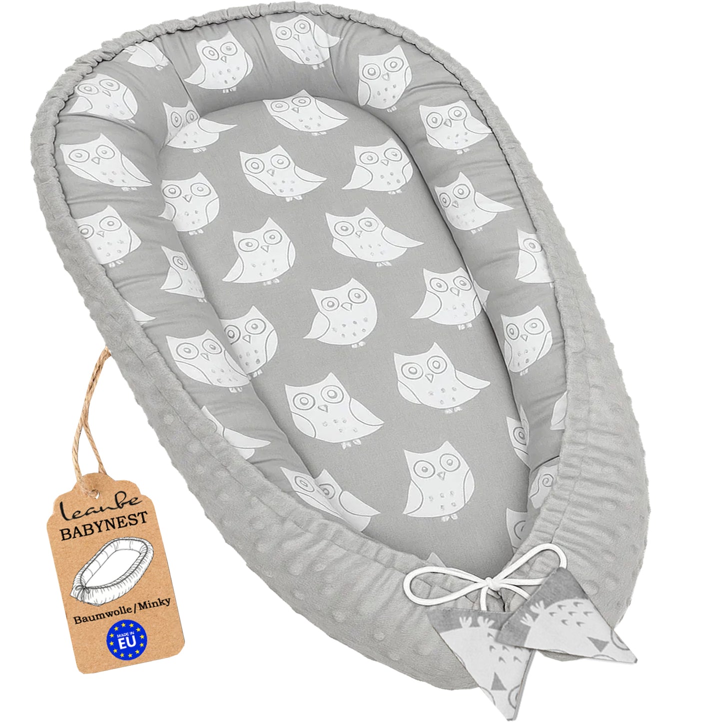 Babynest Kokon aus Baumwolle & Minky - Grau Minky / Eulen