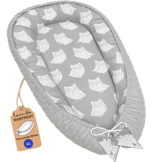 Babynest Kokon aus Baumwolle & Minky - Grau Minky / Eulen