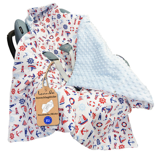 Einschlagdecke Babydecke 86x86 cm – Baumwolle & Minky Blau /Segelboote