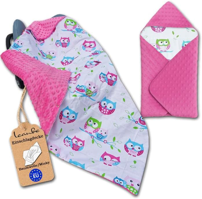 Einschlagdecke Babydecke 86x86 cm – Baumwolle & Minky Rosa /Eulen
