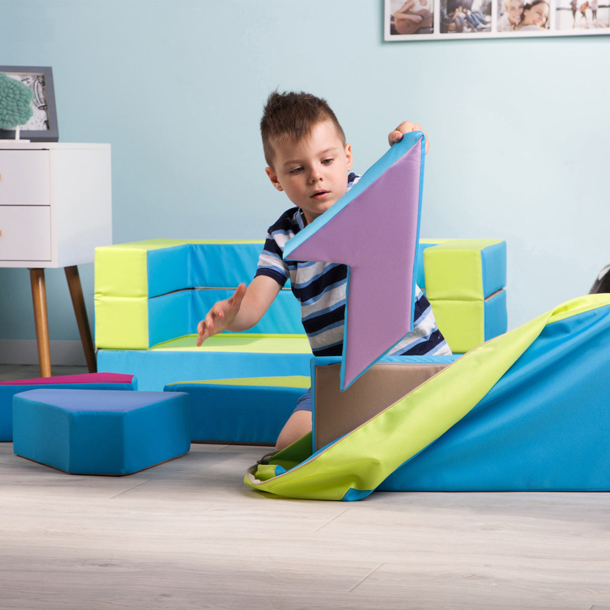 Kindersofa 4in1 Puzzle Spielsofa Blau-Gelb