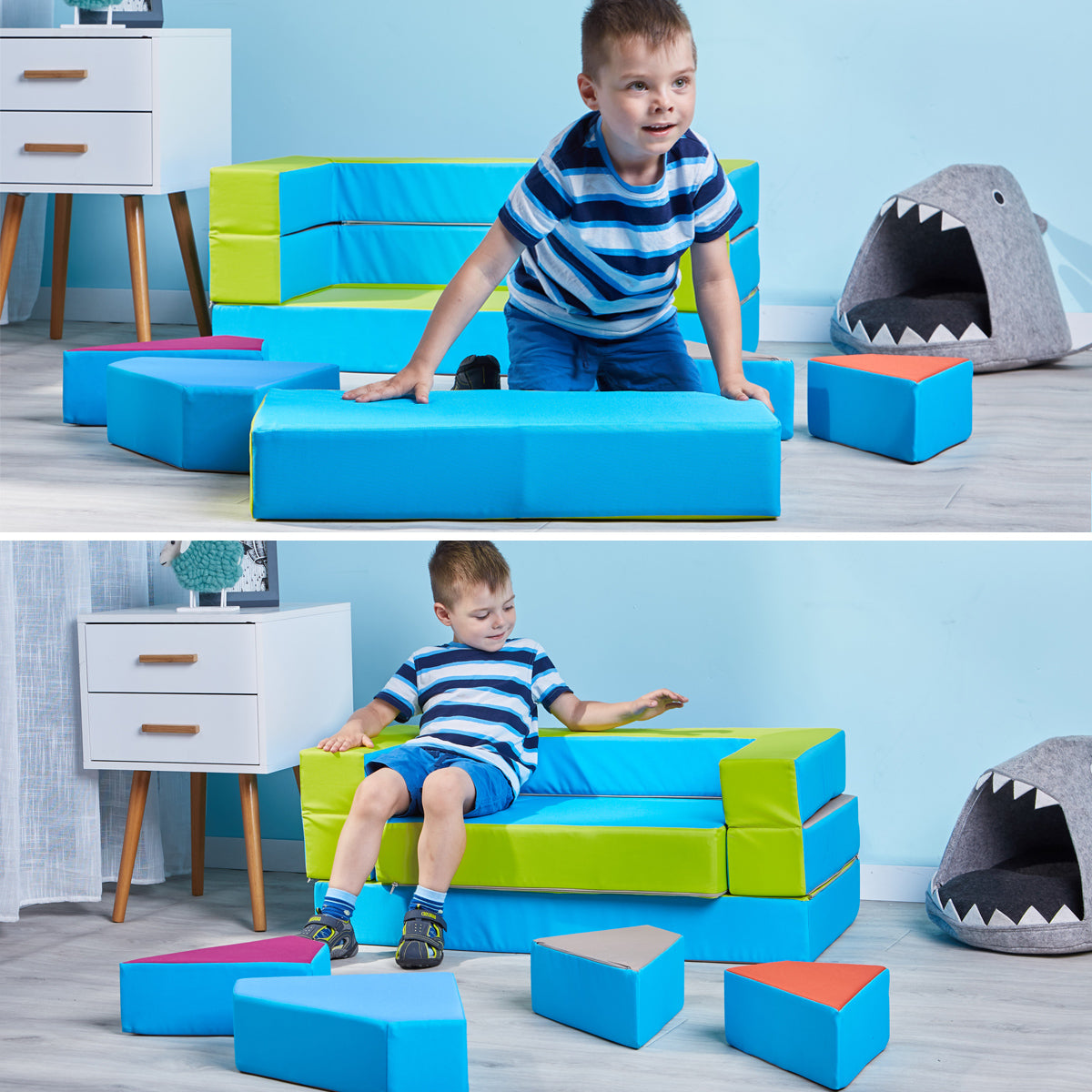 Kindersofa 4in1 Puzzle Spielsofa Blau-Gelb