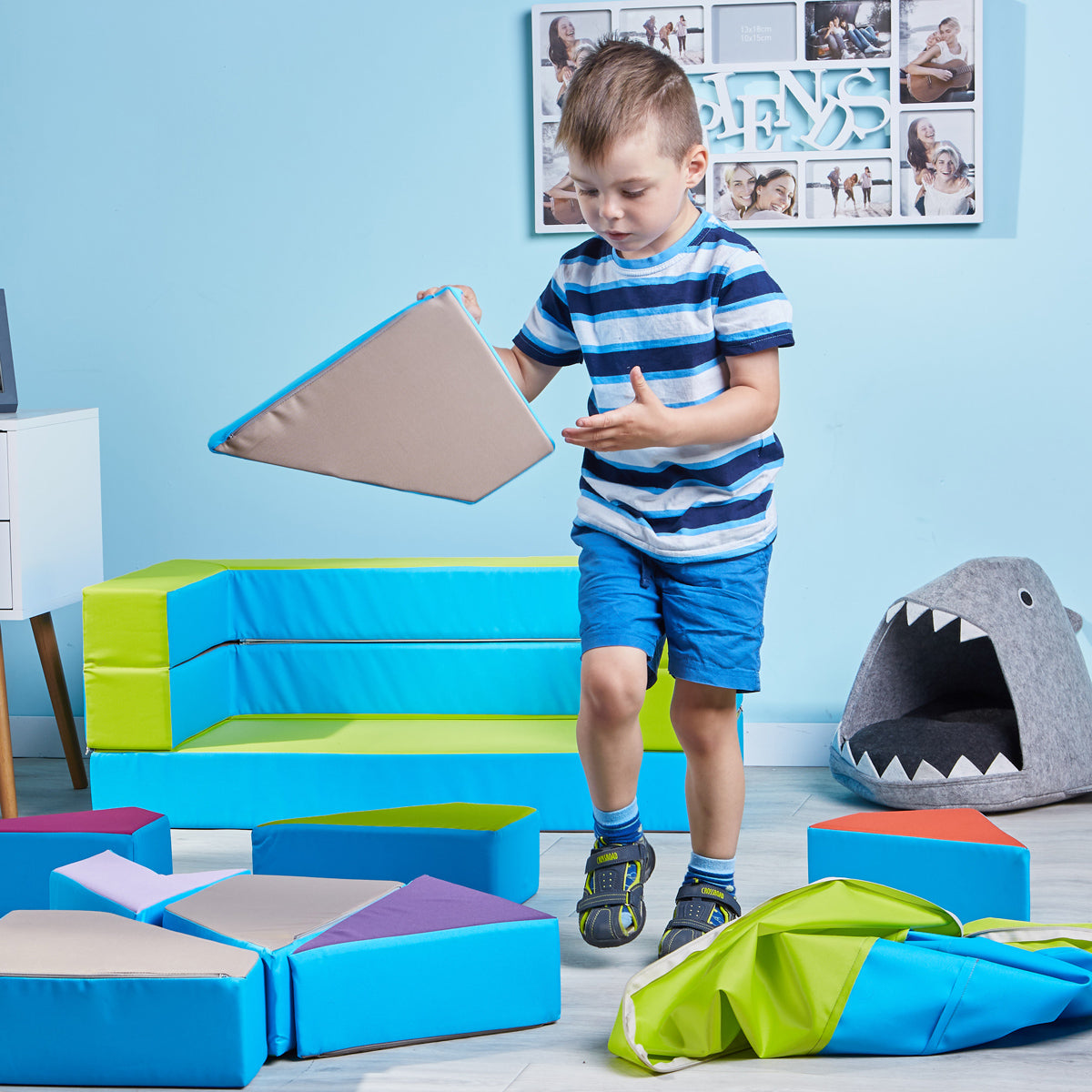 Kindersofa 4in1 Puzzle Spielsofa Blau-Gelb