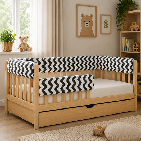 LEANBE Bettkantenschutz 70 cm für Betten -  Kissen für bettumrandung – Schwarz Chevron