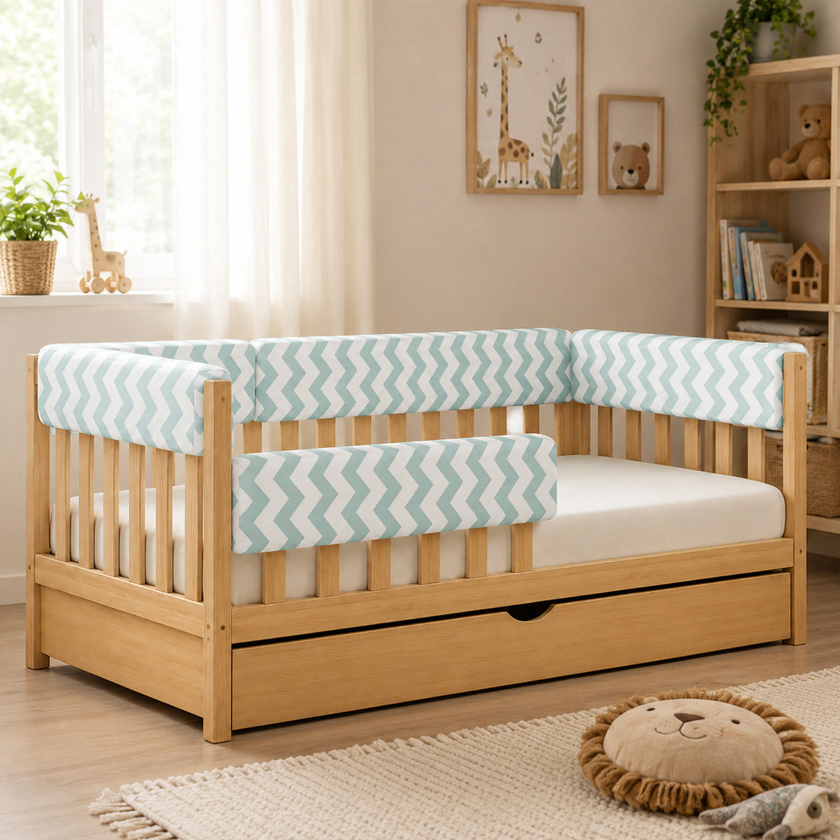 LEANBE Bettkantenschutz 70 cm für Betten -  Kissen für bettumrandung – Türkis Chevron