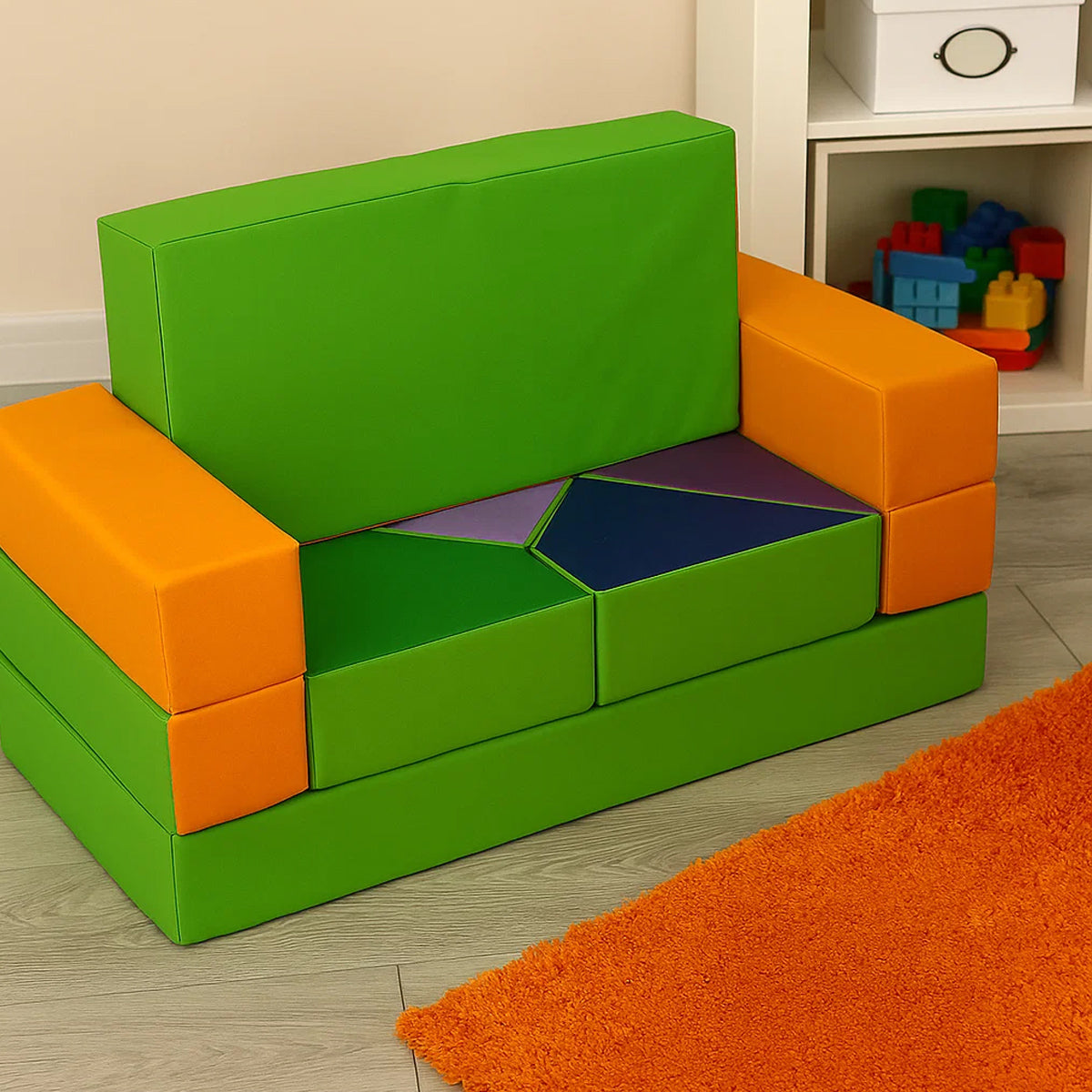 Kindersofa 4in1 Puzzle Spielsofa Orange-Grün