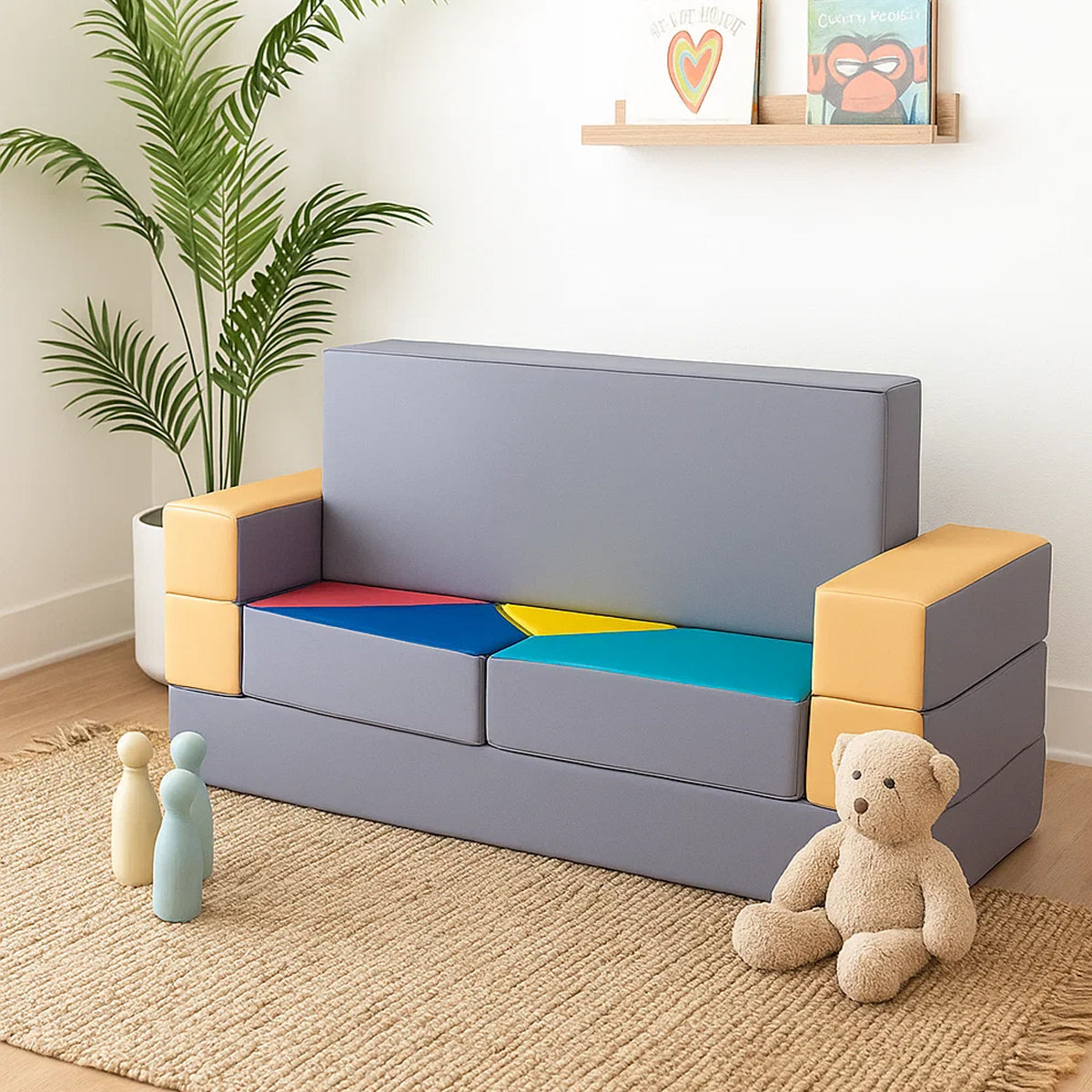 Kindersofa 4in1 Puzzle Spielsofa Beige-Grau