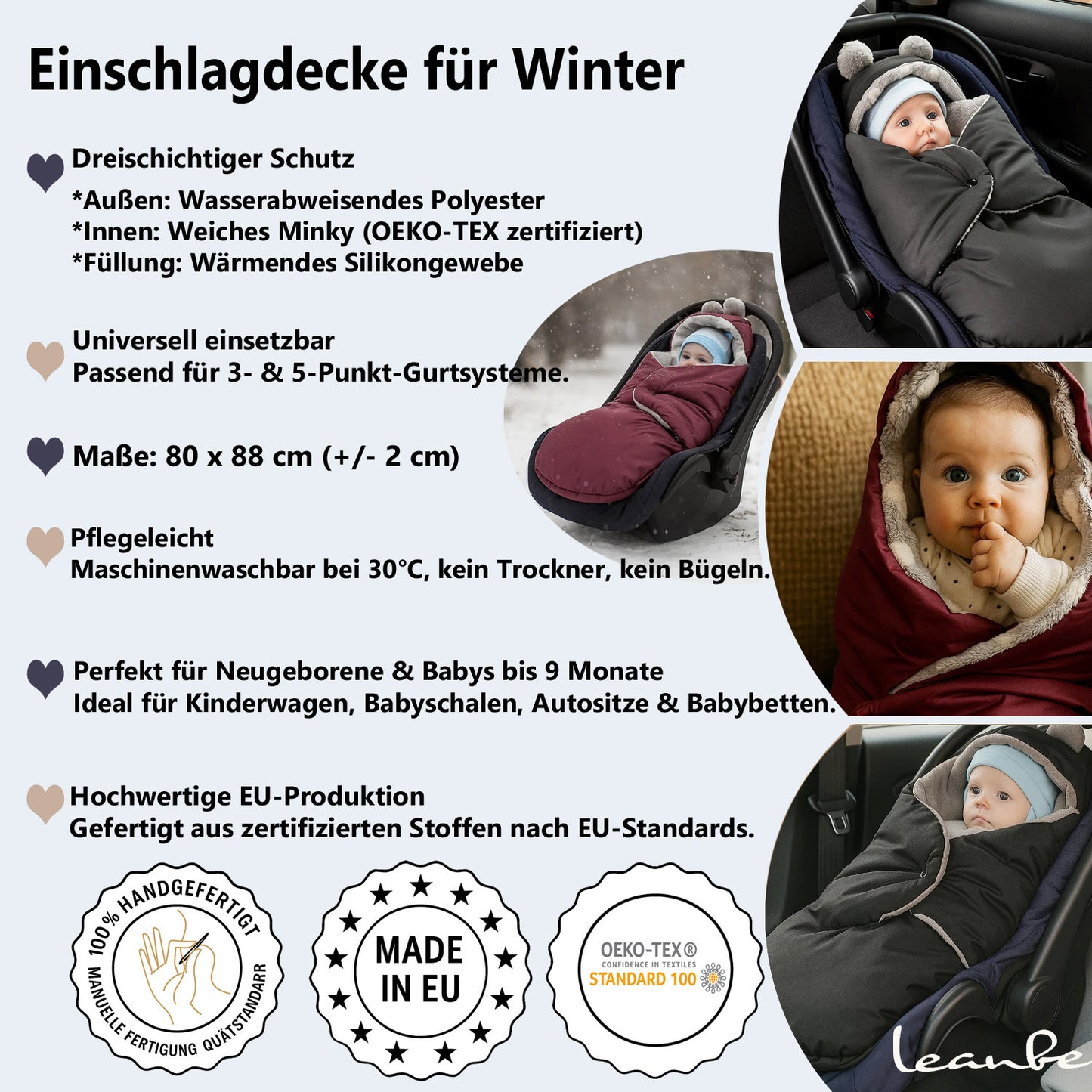 Baby Einschlagdecke für Winter - Schwarz und Latte
