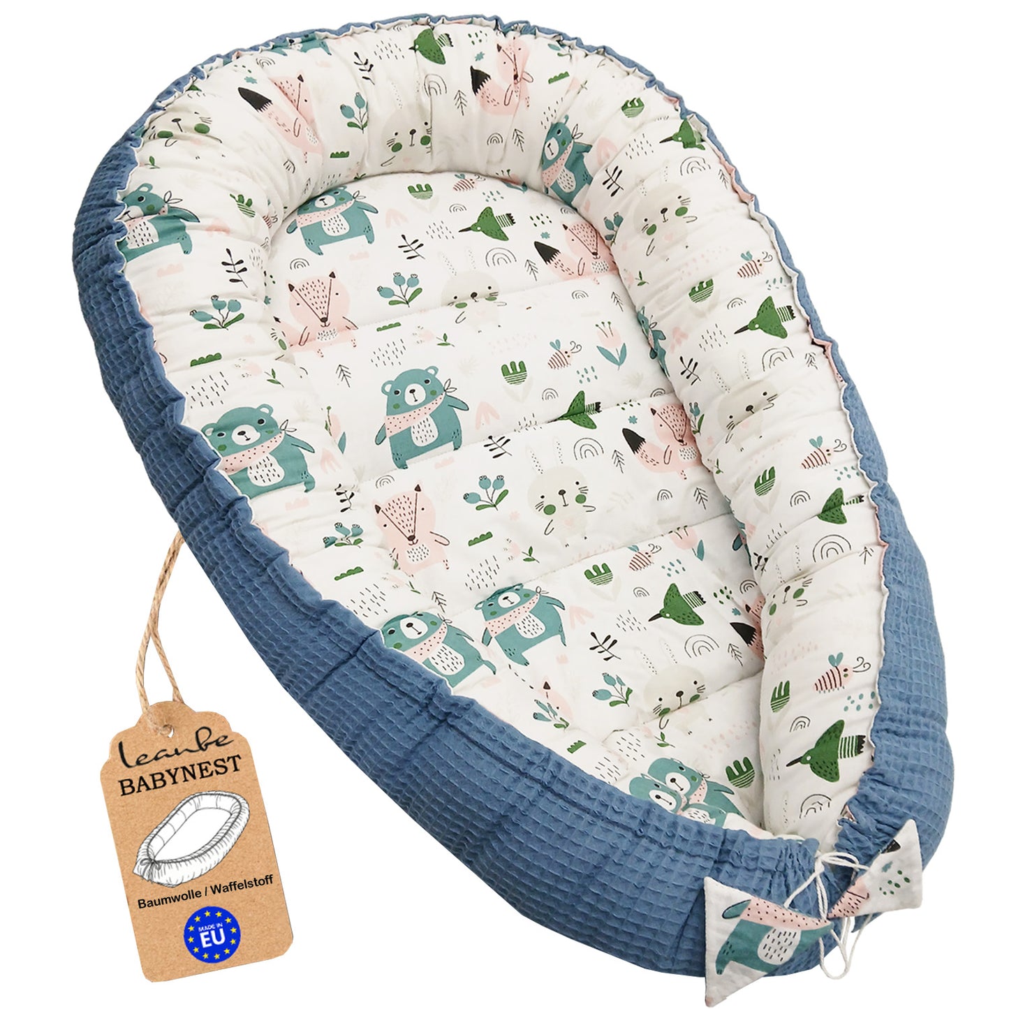 Babynest Kokon aus Baumwolle & Waffelstoff - Blau