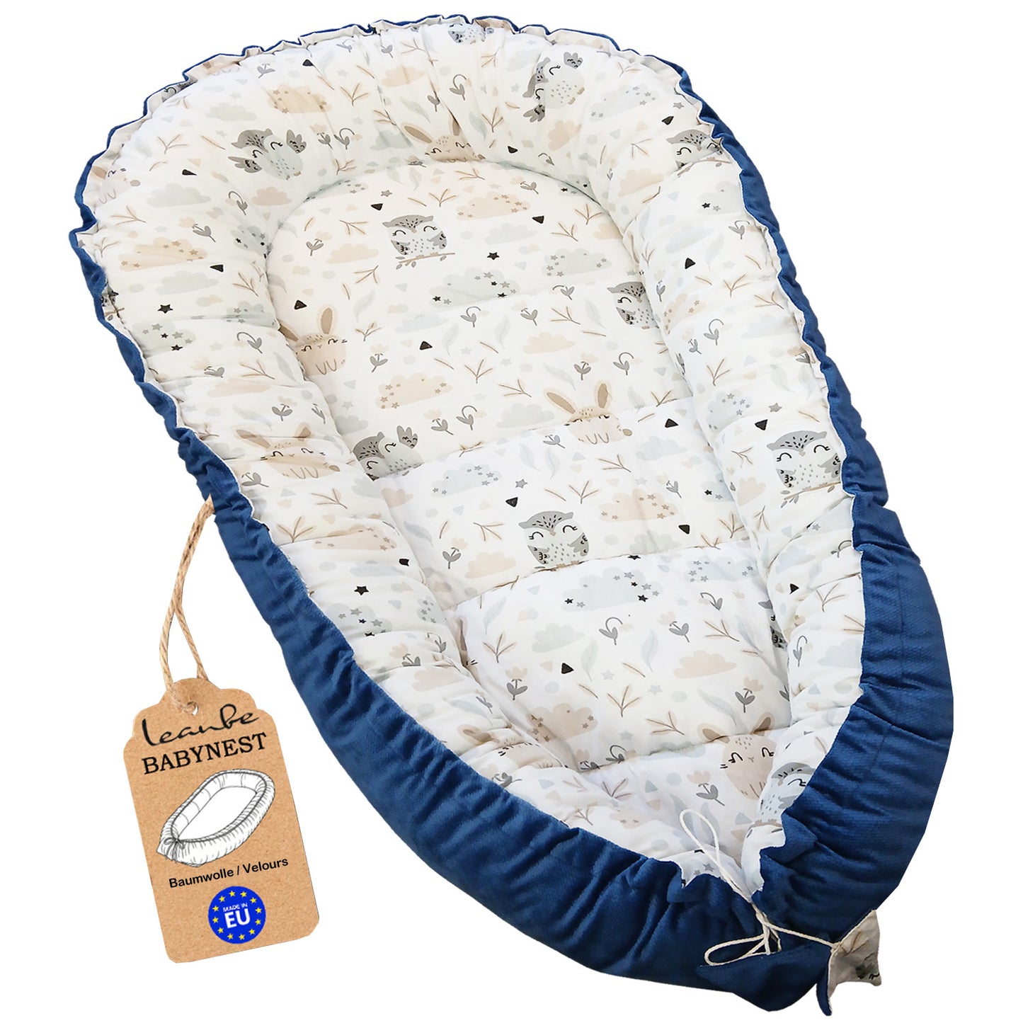 Babynest Kokon aus Baumwolle & Velours - Blau