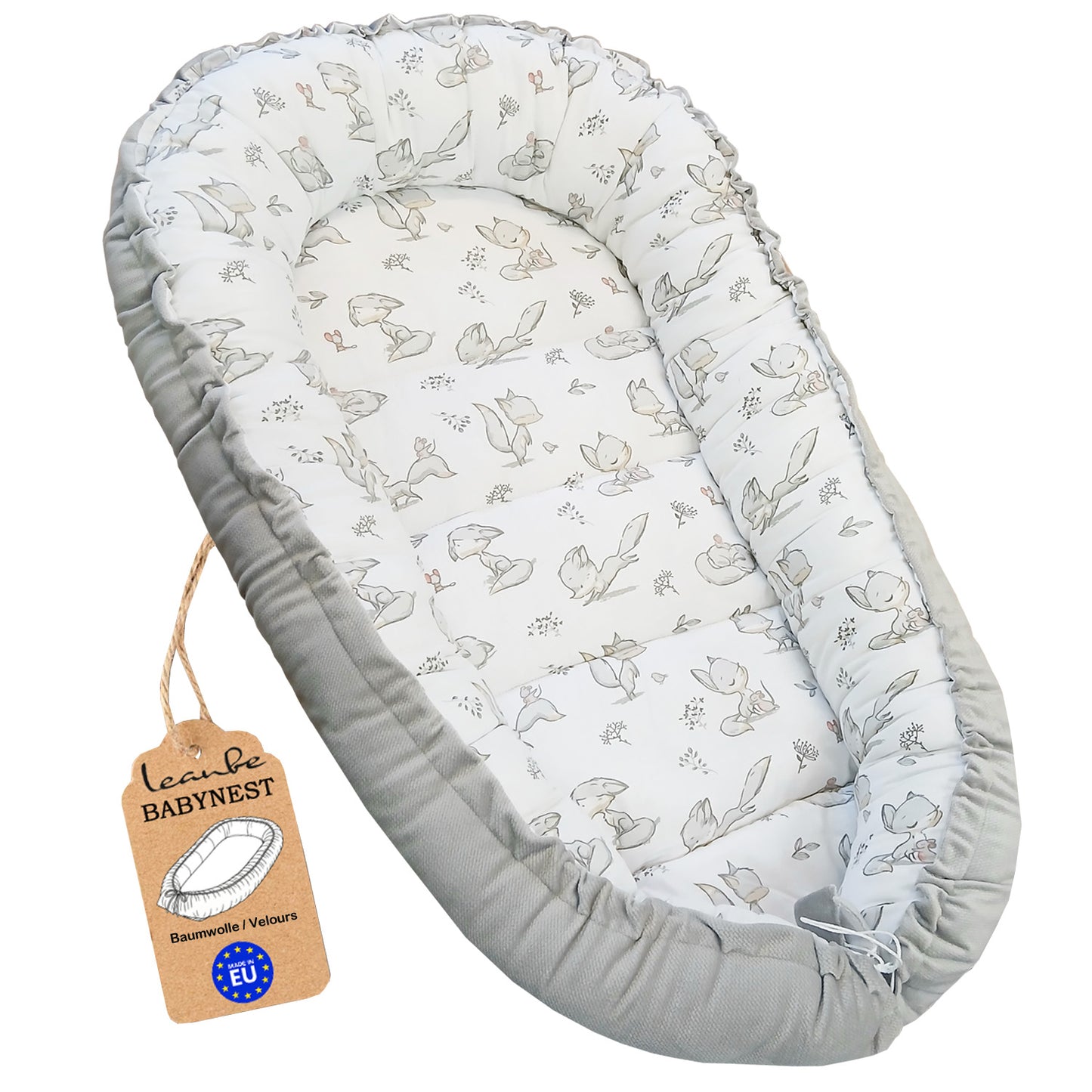Babynest Kokon aus Baumwolle & Velours - Grau