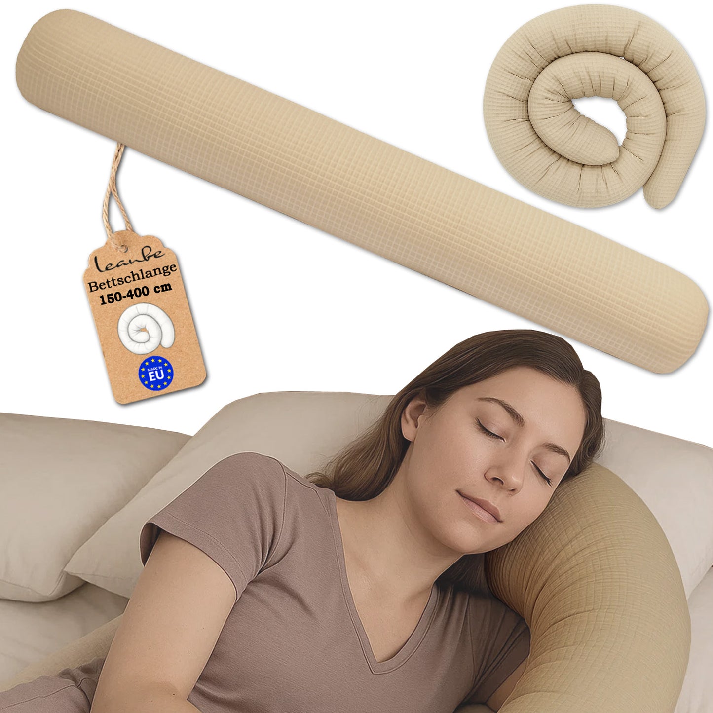 Bettschlange Stillkissen Seitenschläferkissen 150-400 cm Beige