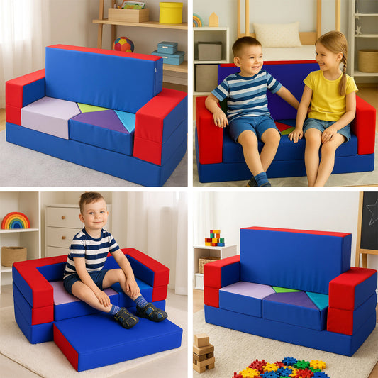 LEANBE Kindersofa 4-in-1 – Multifunktionales Puzzle Spielsofa für kreatives Spielen - Blau&Rot