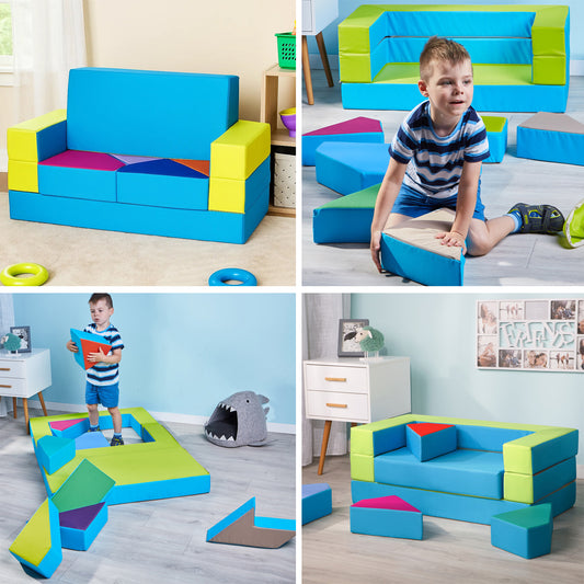 LEANBE Kindersofa 4-in-1 – Multifunktionales Puzzle Spielsofa für kreatives Spielen - Blau&Gelb