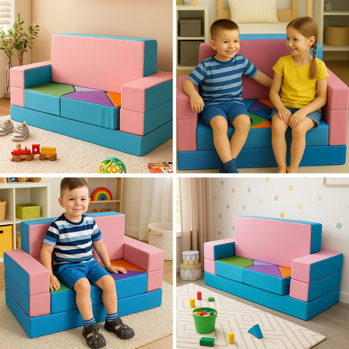 Kindersofa 4in1 Puzzle Spielsofa Rosa-Blau