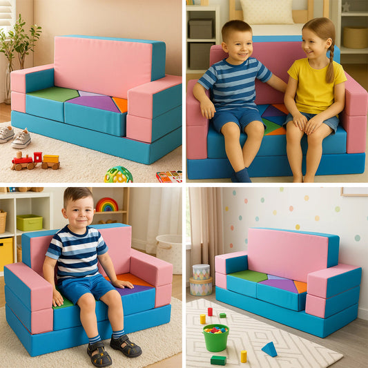 LEANBE Kindersofa 4-in-1 – Multifunktionales Puzzle Spielsofa für kreatives Spielen - Rosa&Blau