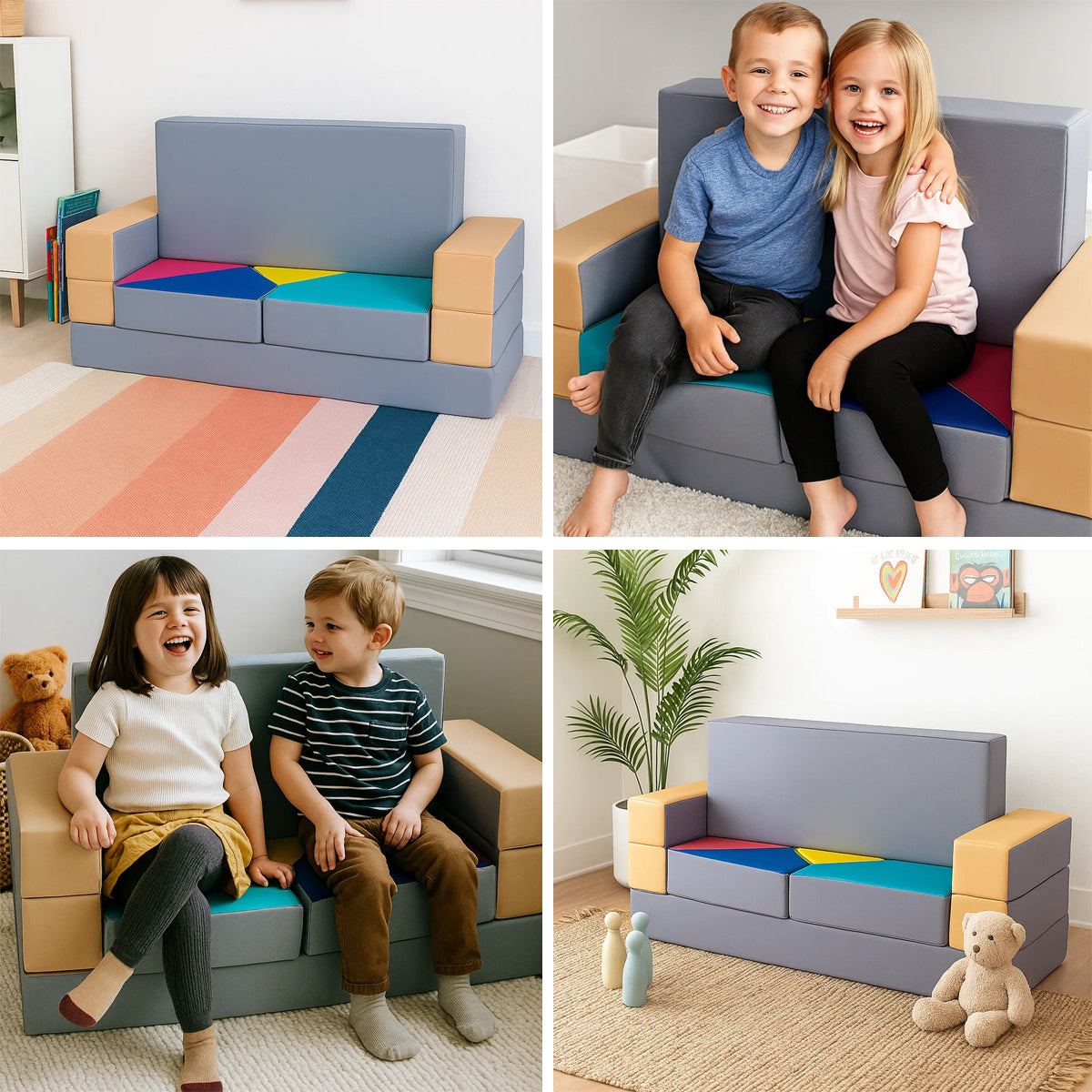 Kindersofa 4in1 Puzzle Spielsofa Beige-Grau