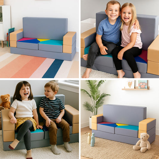 LEANBE Kindersofa 4-in-1 – Multifunktionales Puzzle Spielsofa für kreatives Spielen - Beige&Grau