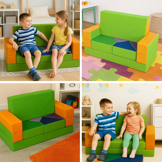 LEANBE Kindersofa 4-in-1 – Multifunktionales Puzzle Spielsofa für kreatives Spielen - Orange&Grün