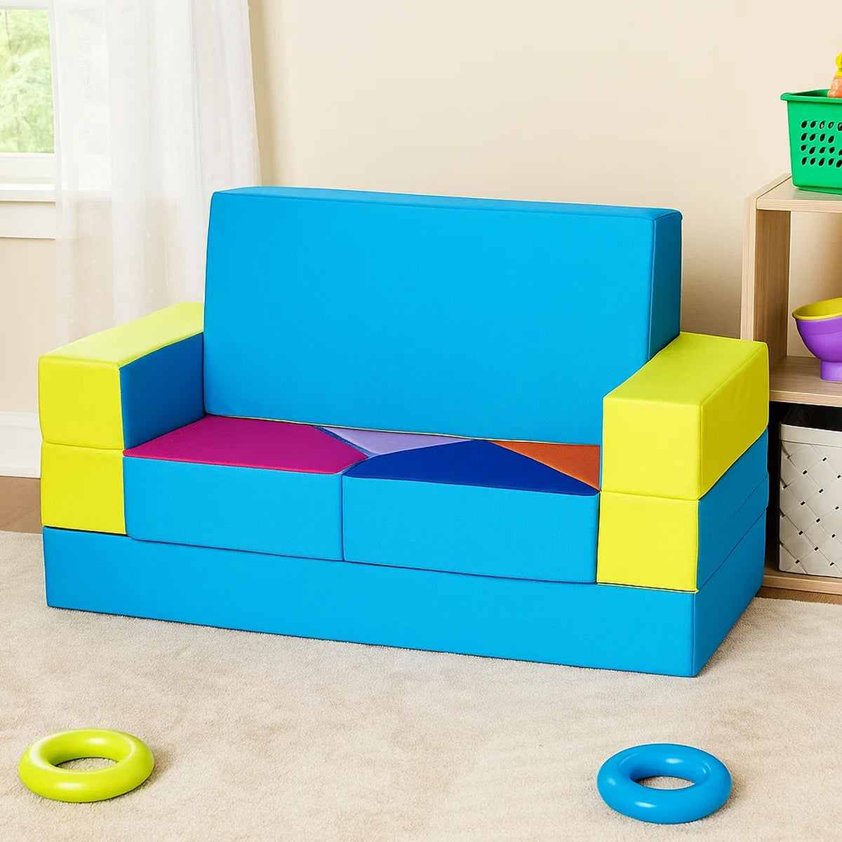 Kindersofa 4in1 Puzzle Spielsofa Blau-Gelb
