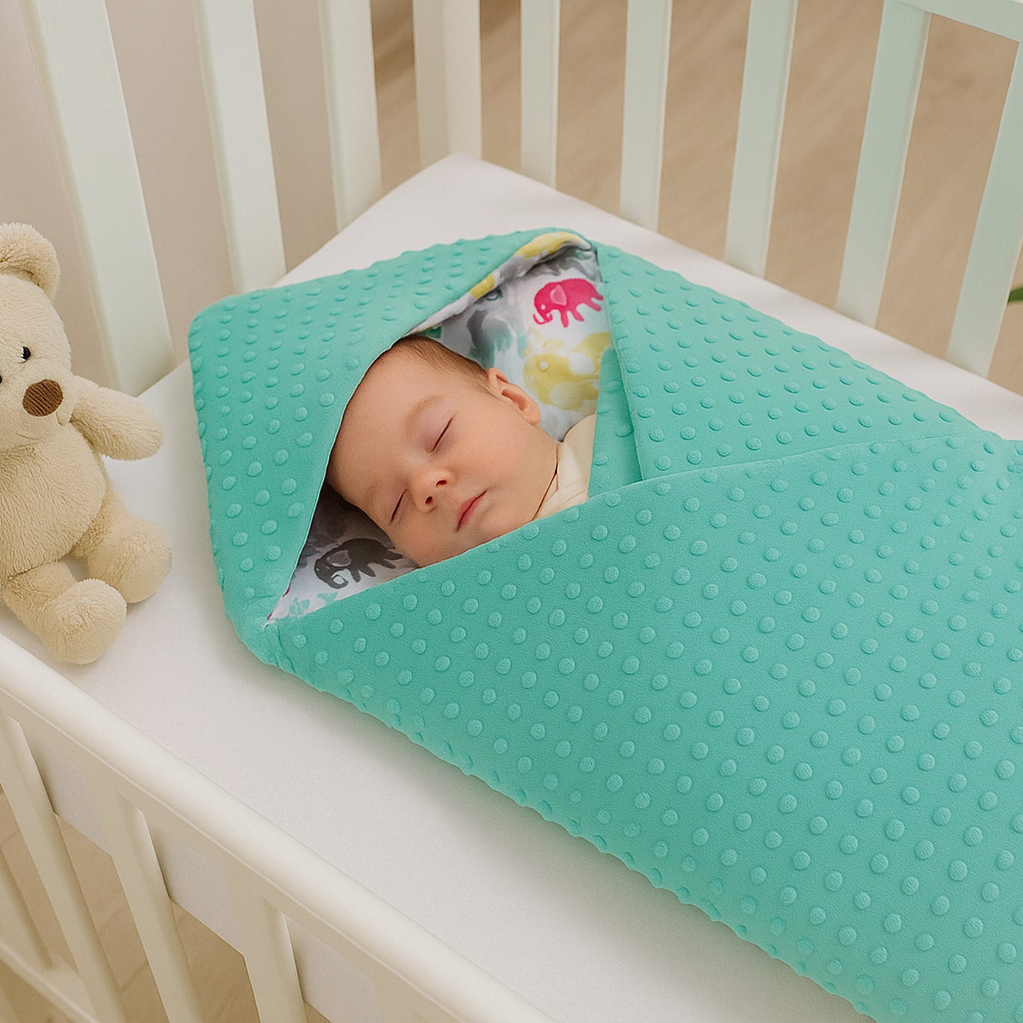 Einschlagdecke Babydecke 86x86 cm – Baumwolle & Minky Tükis / Elefanten