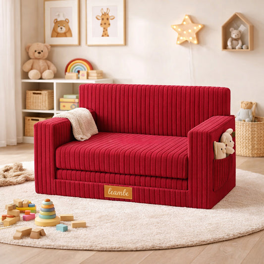 LEANBE Personalisierbares Kindersofa 3-in-1  Spiel- und Schlafsofa mit individuellem Namen - Rot Cord